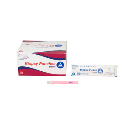 A box of Dynarex Sterile Biopsy Punches, a sealed biopsy punch package, and a pink biopsy punch tool are displayed on a white background.