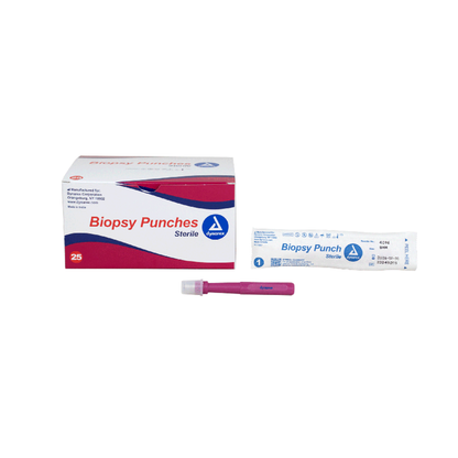 A box of Dynarex Sterile Biopsy Punches, a single-wrapped sterile punch, and an unwrapped pink punch tool are shown on a white background, representing key sterile medical instruments.