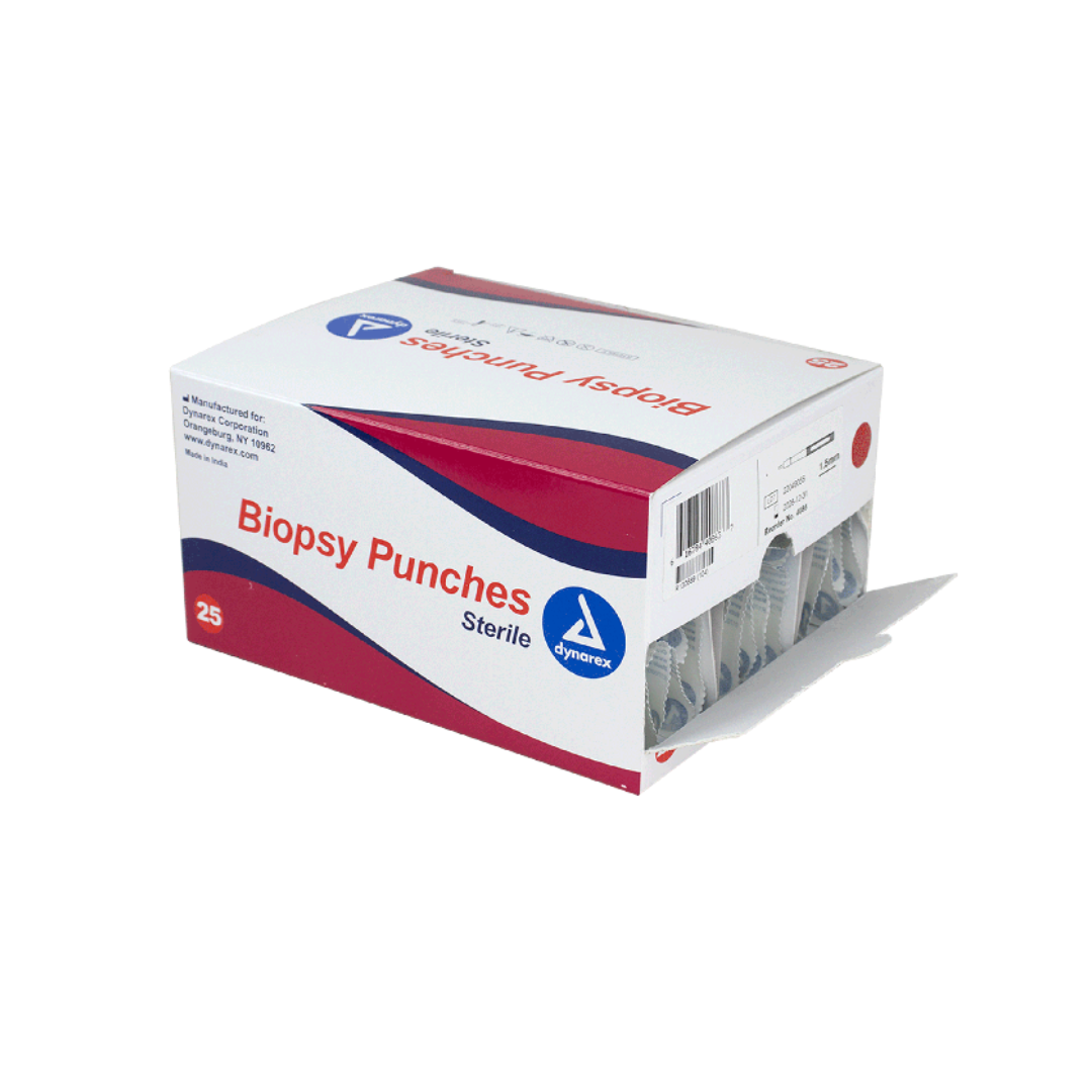 A white and red box labeled Dynarex Sterile Biopsy Punches contains 25 sterile instruments. The box displays the blue Dynarex logo and product details on the side.