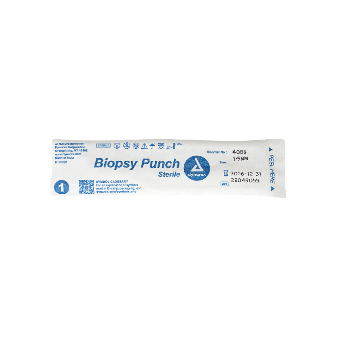 Dynarex Sterile Biopsy Punches are sterile, single-use medical instruments in white and blue packaging labeled "Biopsy Punch Sterile," featuring symbols, a reorder number, expiration date, and manufacturer details.