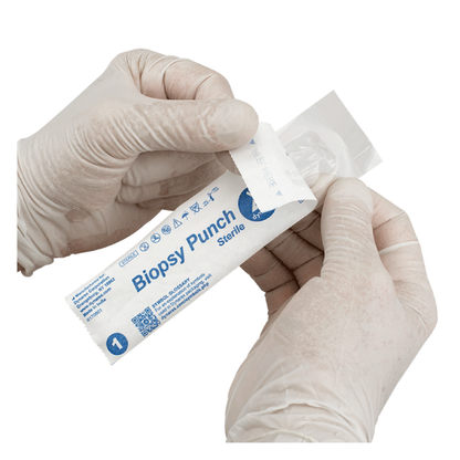 Gloved hands open the sterile packaging of Dynarex Sterile Biopsy Punches, a medical instrument, against a white background.