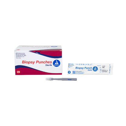 A box labeled Dynarex Sterile Biopsy Punches is displayed beside a sealed biopsy punch package and a single sterile instrument, all designed for accurate medical procedures.