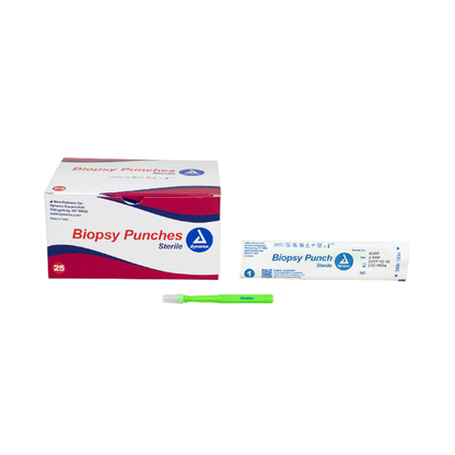 A box labeled Dynarex Sterile Biopsy Punches is displayed beside an individually wrapped and an unwrapped green-handled biopsy punch, showcasing high-quality sterile medical instruments on a white background.