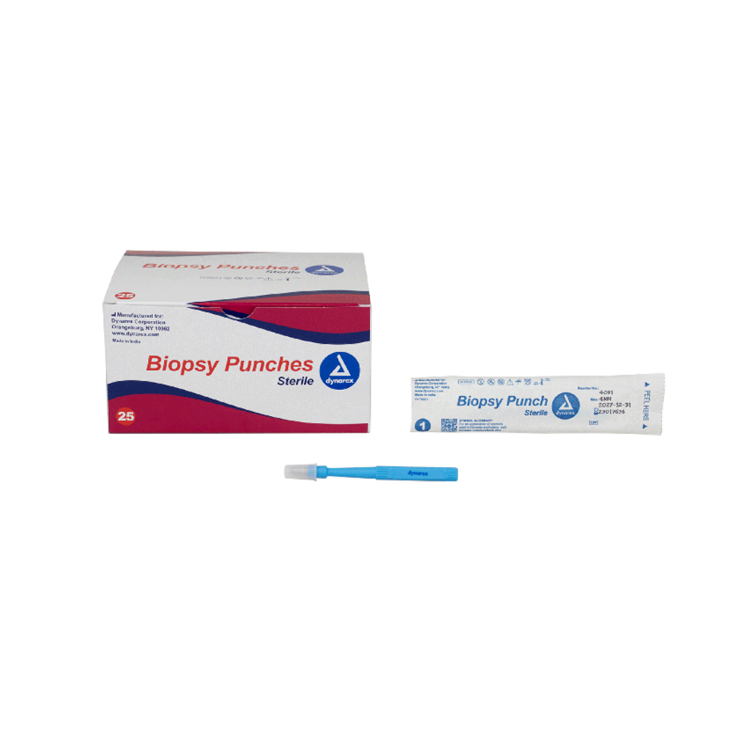 Dynarex Sterile Biopsy Punches, including boxed, individually wrapped, and blue-handled unpacked biopsy punch tools, are shown on a white background as essential sterile medical instruments.