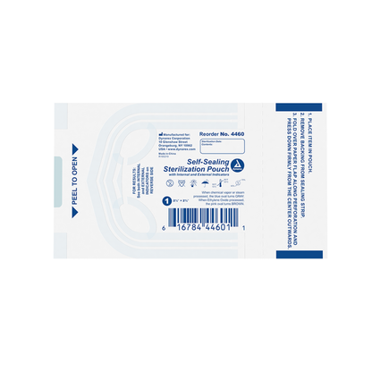The Dynarex Sterilization Pouches | Self-Sealing Instrument Pouches feature blue instructional text, a barcode, reorder number 4460, "PEEL TO OPEN" on the left, transparent sections, and clear usage instructions on a white pouch.