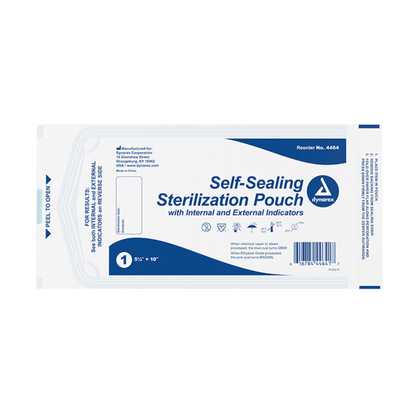 Dynarex Sterilization Pouches | Self-Sealing Instrument Pouches feature internal/external indicators and a secure self-seal closure. The white pouch with blue details measures 5½” x 10”, ideal for safe instrument sterilization.