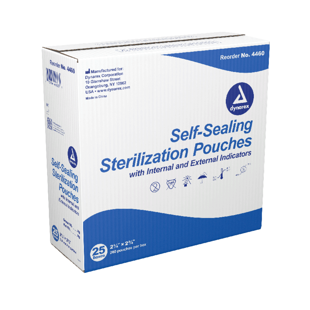 The Dynarex Sterilization Pouches | Self-Sealing Instrument Pouches come in a white and blue box containing 200 pouches (2.25 x 2.75 in) with internal/external indicators; instructions and icons are printed on the packaging.