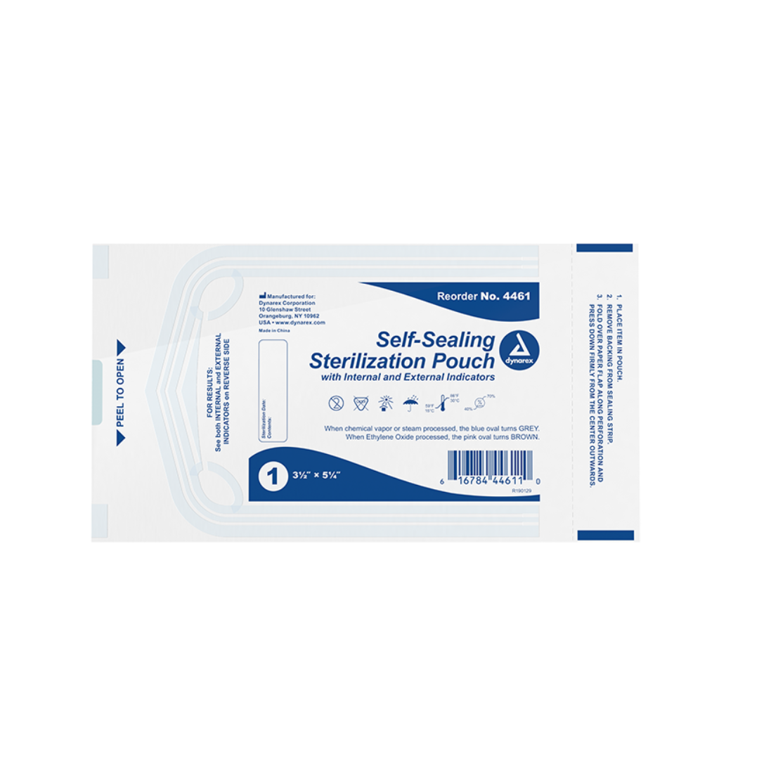 The Dynarex Sterilization Pouches | Self-Sealing Instrument Pouches are white and blue, measure 3.5 x 5.25 inches, include printed instructions, reorder #4461, and feature internal/external indicators for secure use.