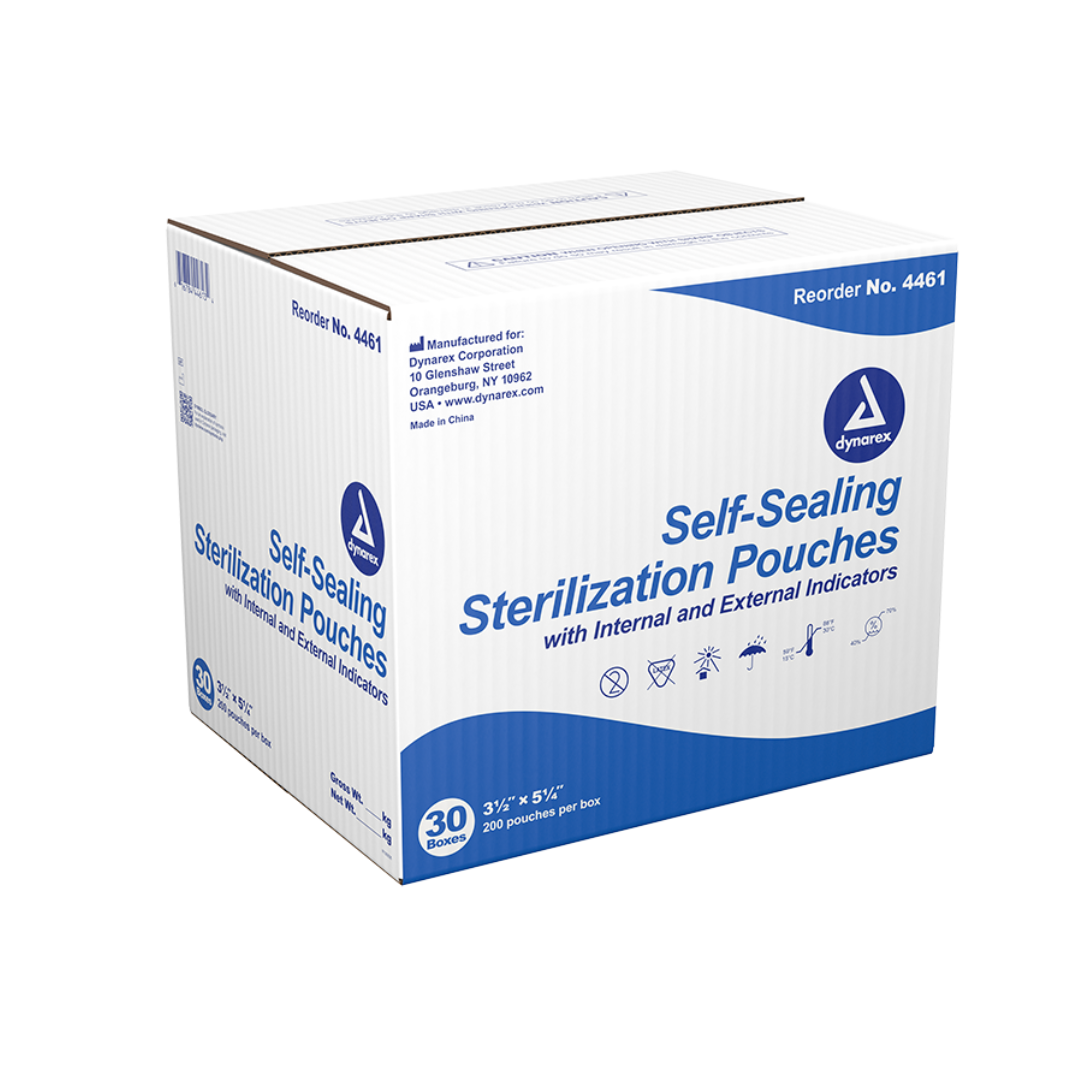 A white and blue Dynarex Sterilization Pouches box contains 200 self-sealing 3.5" x 5.25" instrument pouches with internal and external indicators. Reorder number: 4461.