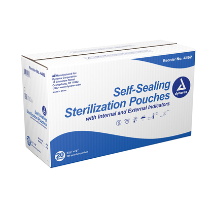 A white and blue box labeled Dynarex Sterilization Pouches | Self-Sealing Instrument Pouches with internal/external indicators, 200 self-sealing pouches (size 3.5 x 9), reorder number 4462, and product info on the box.