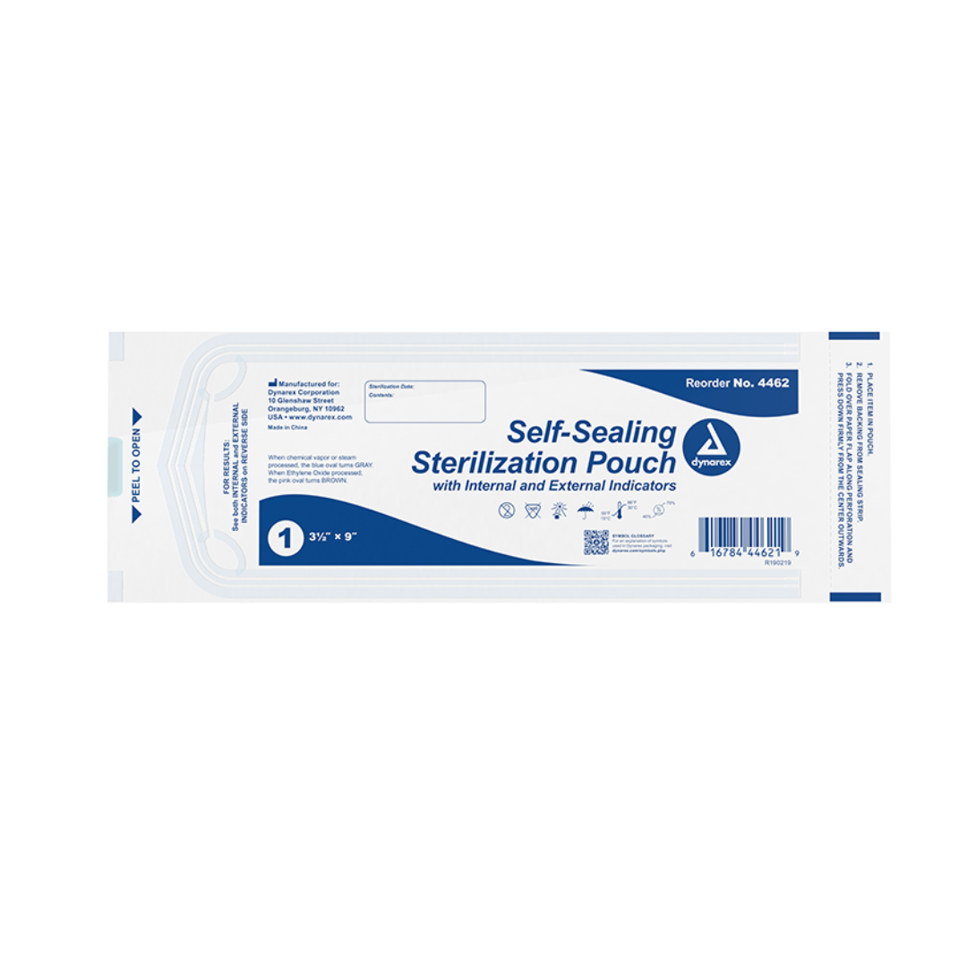 A rectangular Dynarex Sterilization Pouches | Self-Sealing Instrument Pouches features blue and white labeling, instructions, indicator symbols, and reorder No. 4452—ideal for secure instrument sterilization.