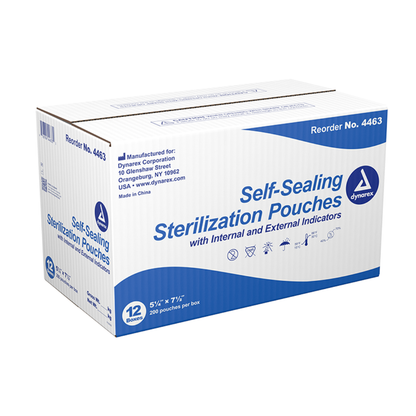 A white and blue box labeled Dynarex Sterilization Pouches | Self-Sealing Instrument Pouches, reorder #4463, contains 12 boxes of 200 pouches (5½ x 7½ inches) per box for instrument sterilization.