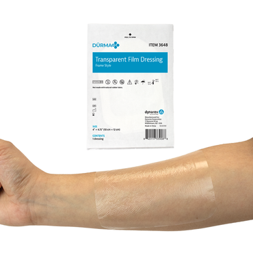 A transparent film dressing is applied to a person’s forearm for wound protection. The product packaging labeled Dynarex Transparent Film Dressing Frame Style is displayed above the arm.