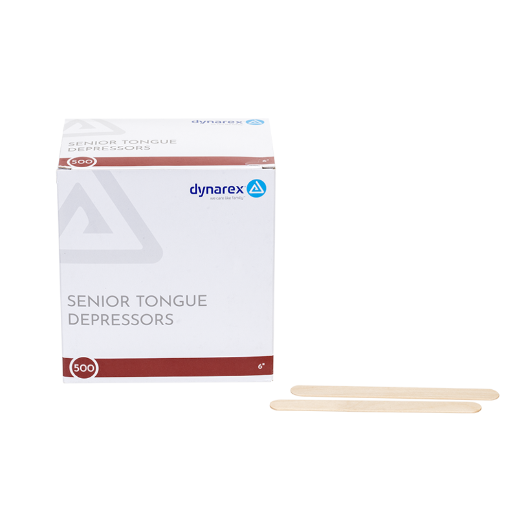 A box labeled Dynarex Wooden Tongue Depressors with the Dynarex logo and two birch wood tongue depressors are displayed in front on a white background.