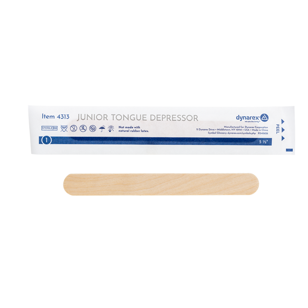 A packaged Dynarex Wooden Tongue Depressors and an unwrapped birch wood tongue depressor are shown on a white background. The packaging is labeled "Junior Tongue Depressor" and "Dynarex.