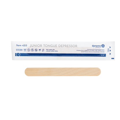 A packaged Dynarex Wooden Tongue Depressors and an unwrapped birch wood tongue depressor are shown on a white background. The packaging is labeled "Junior Tongue Depressor" and "Dynarex.