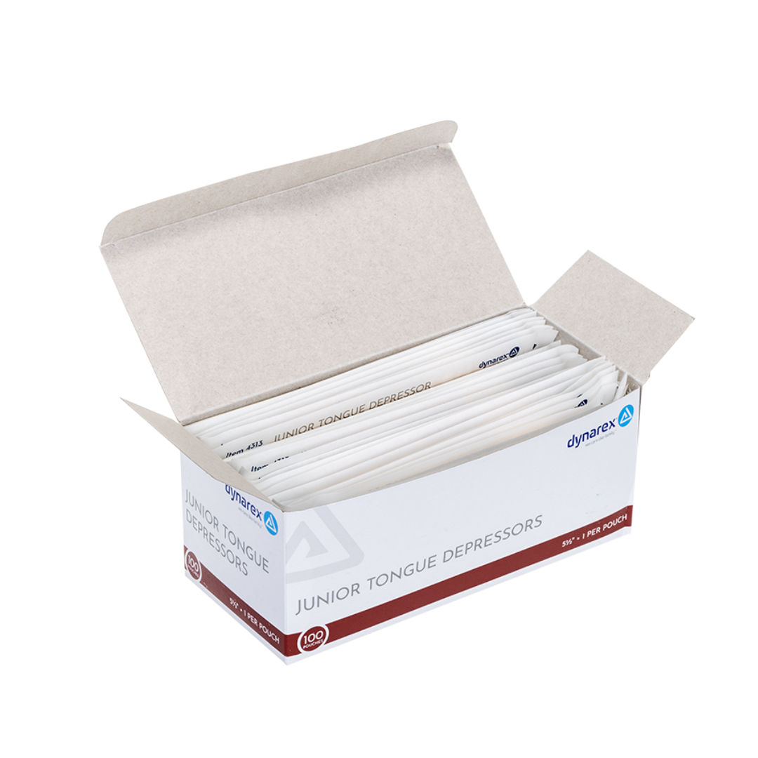 An open box of Dynarex Wooden Tongue Depressors shows individually wrapped birch sticks neatly inside. The white box, with blue and maroon accents, is clearly labeled for single use.