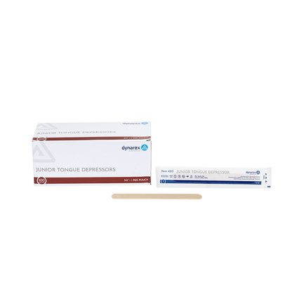 A box of Dynarex Wooden Tongue Depressors is placed beside a wrapped and an unwrapped tongue depressor on a white background.