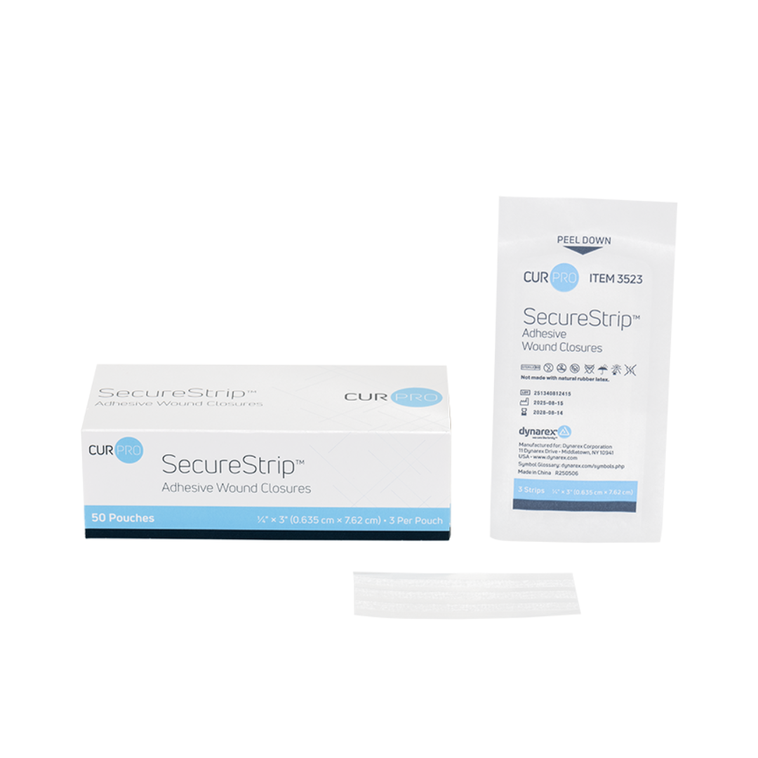 A box of Dynarex Wound Closure Strips - Sterile, a single pouch, and three closure strips are shown. The box has 50 pouches with visible product details on the packaging.