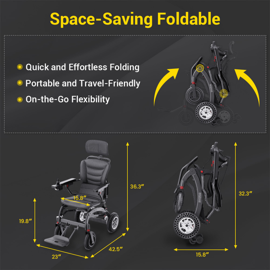 The EASWE B10 Portable Folding Powerchair - Airline Approved features dual motors and a quick-fold, space-saving design. Shown open and folded with labeled dimensions, it’s portable, travel-friendly, and offers an impressive travel range.