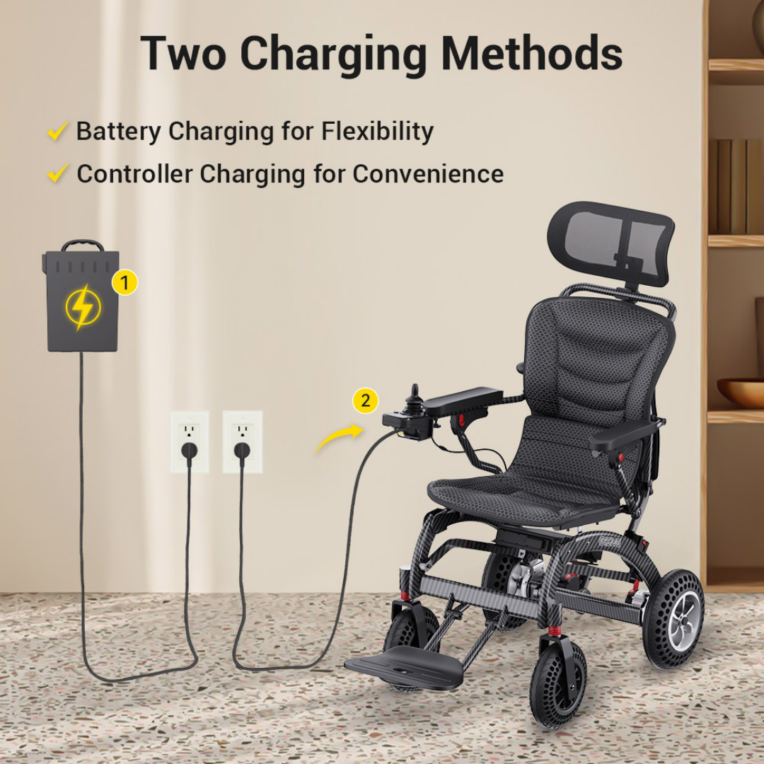 The EASWE B10 Portable Folding Powerchair - Airline Approved is shown charging via the controller or by removing the battery, highlighting flexible options for convenience and extended travel range.