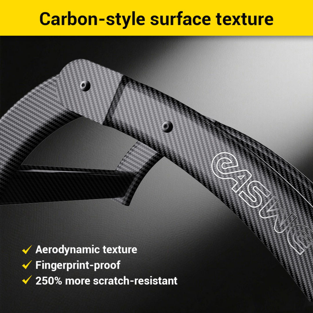 A close-up of the EASWE B10 Portable Folding Powerchair shows its carbon-style surface with the EASWE brand, highlighting features like aerodynamic texture, fingerprint-proof finish, dual motors, and 250% more scratch resistance.