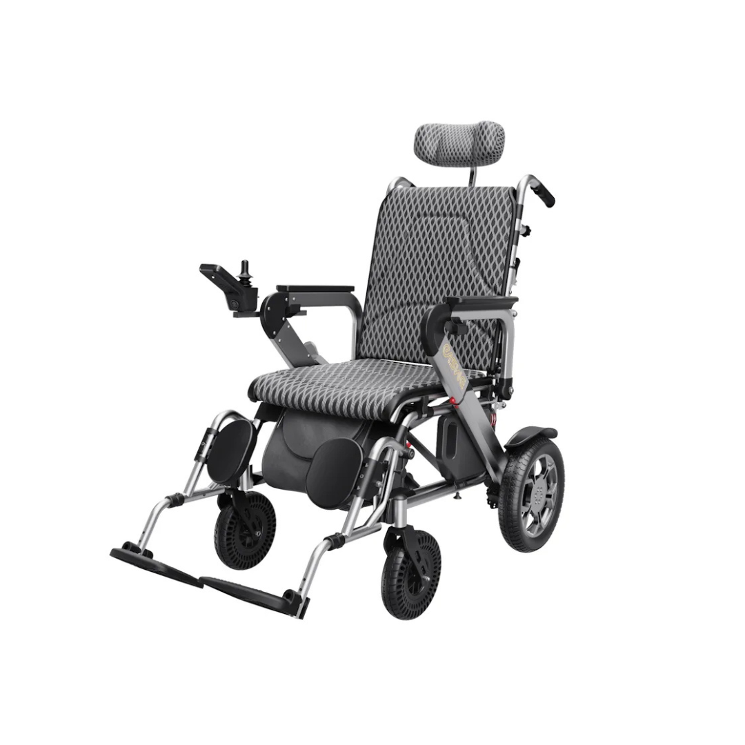 The EASWE G10 Electric Wheelchair with Reclining Backrest is a modern, lightweight wheelchair featuring padded seating, headrest, armrests, joystick control, large rear wheels, and small front wheels on a plain white background.