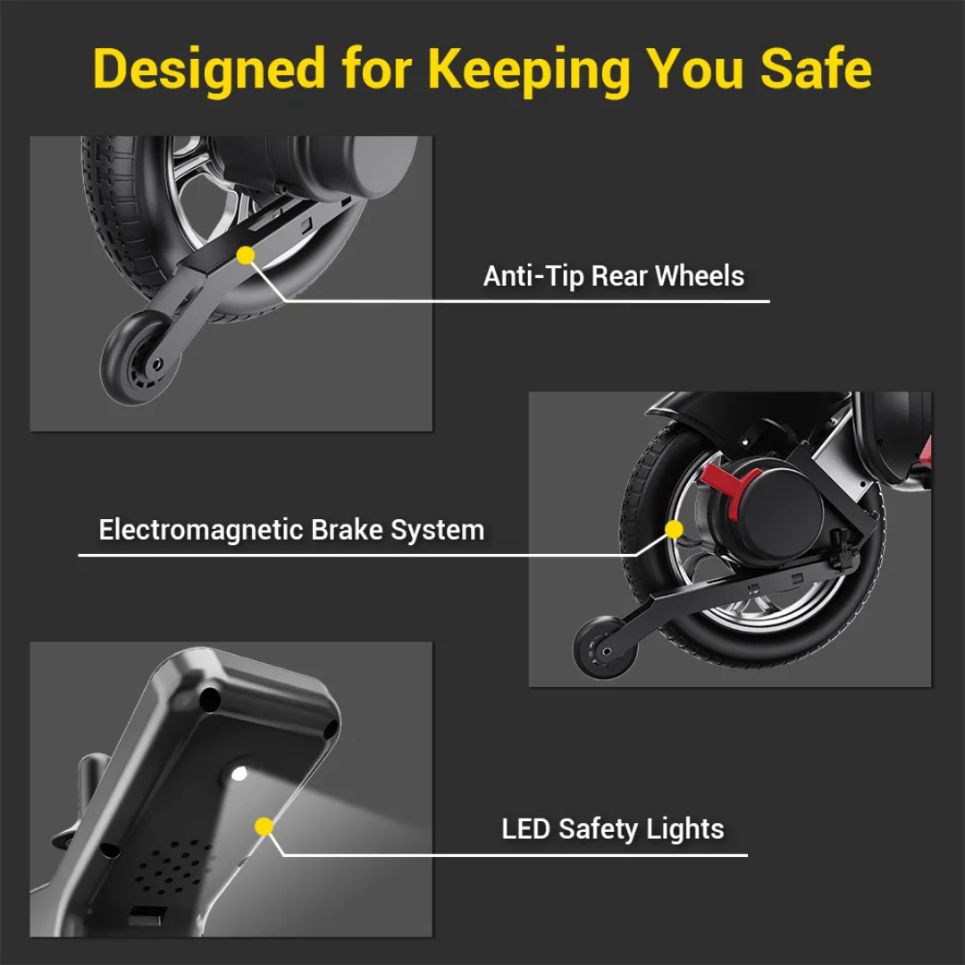 Infographic showcasing EASWE G10 Electric Wheelchair with Reclining Backrest features: anti-tip rear wheels, electromagnetic brakes, and LED safety lights. Each feature is labeled in yellow and white text on a dark background.