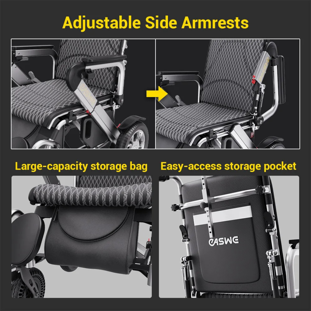 Collage of the EASWE G10 Electric Wheelchair with Reclining Backrest, showing adjustable side armrests, a large-capacity under-seat storage bag, and an easy-access back pocket, each feature highlighted in yellow text.