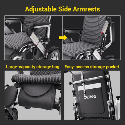 Collage of the EASWE G10 Electric Wheelchair with Reclining Backrest, showing adjustable side armrests, a large-capacity under-seat storage bag, and an easy-access back pocket, each feature highlighted in yellow text.