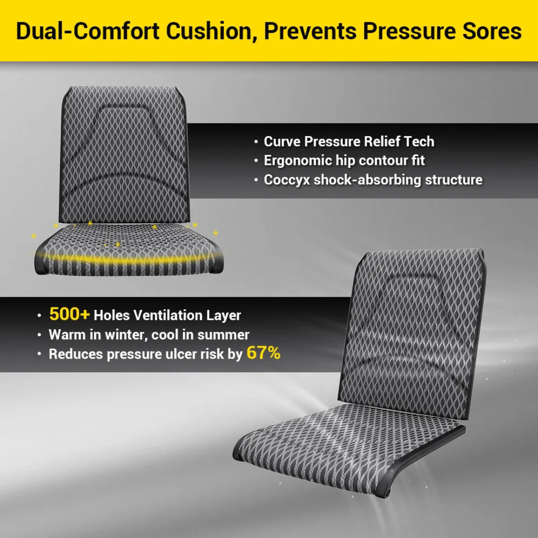 The EASWE G10 Electric Wheelchair with Reclining Backrest is shown with a black ergonomic seat cushion featuring a honeycomb pattern, highlighting pressure relief, shock absorption, and ventilation on a yellow and black background.