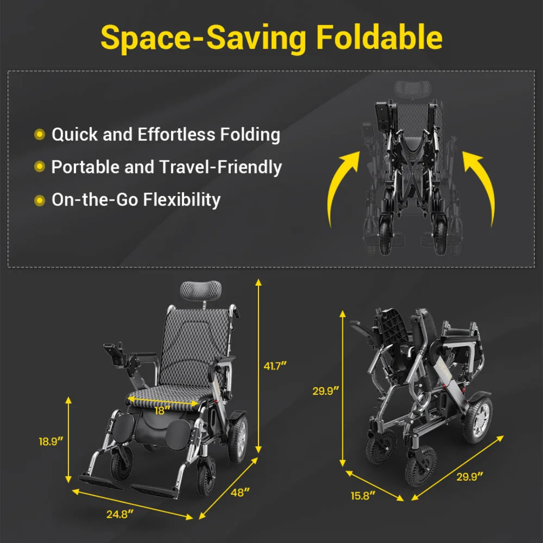 The EASWE G10 Electric Wheelchair with Reclining Backrest is shown open and folded. Featuring quick folding, easy portability, travel-friendly design, and flexible mobility. Measures 48x24.8x41.7 in use, 29.9x29.9x18.9 when folded.