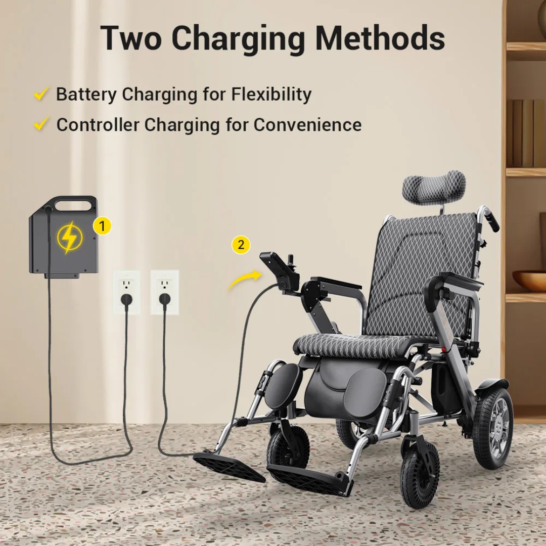 An EASWE G10 Electric Wheelchair with Reclining Backrest sits beside two wall outlets: one powers a battery charger, the other charges the wheelchair directly. Text above states: Two Charging Methods—Battery Charging & Controller Charging.