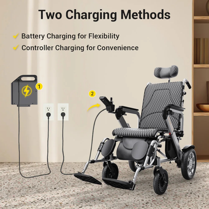 An EASWE G10 Electric Wheelchair with Reclining Backrest sits beside two wall outlets: one powers a battery charger, the other charges the wheelchair directly. Text above states: Two Charging Methods—Battery Charging & Controller Charging.