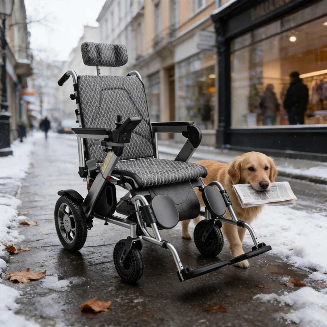 A golden retriever holds a newspaper in its mouth next to an empty EASWE G10 Electric Wheelchair with Reclining Backrest on a snowy city sidewalk, with buildings and shops visible in the background.