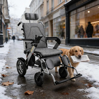 A golden retriever holds a newspaper in its mouth next to an empty EASWE G10 Electric Wheelchair with Reclining Backrest on a snowy city sidewalk, with buildings and shops visible in the background.