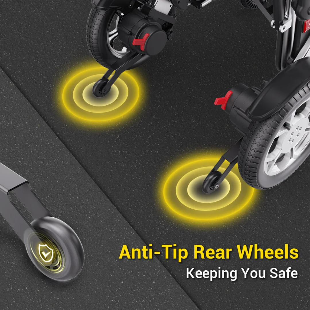 Close-up of the EASWE G10 Electric Wheelchair with Reclining Backrest’s rear wheels, featuring yellow-highlighted anti-tip features and the text: “Anti-Tip Rear Wheels - Keeping You Safe” on a dark background.