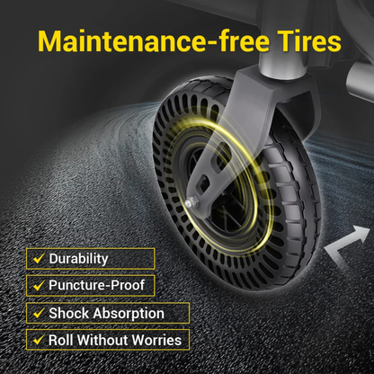 Close-up of a black maintenance-free tire on the EASWE G10 Electric Wheelchair with Reclining Backrest, showcasing its durable, puncture-proof design, superior shock absorption, and smooth ride. Road and dynamic motion graphics in the background.