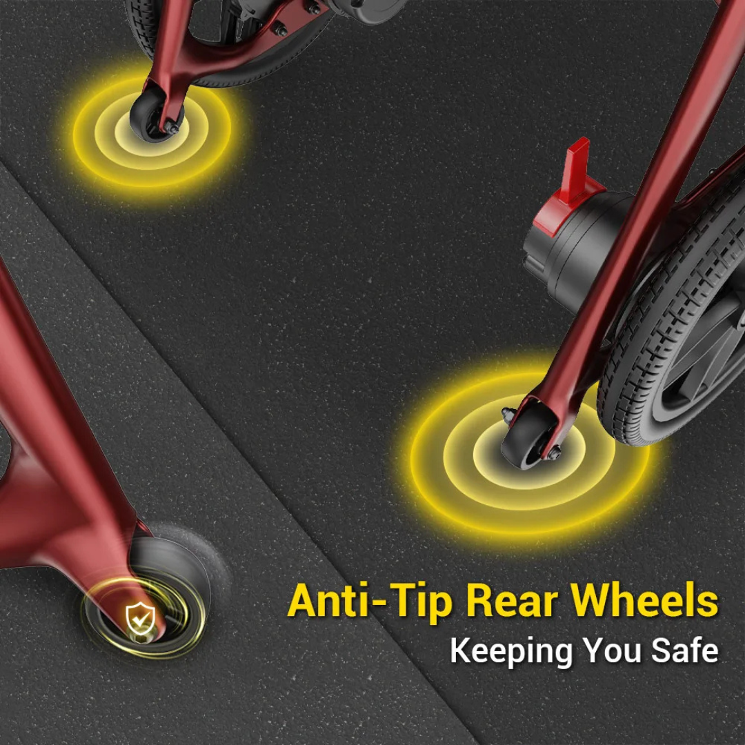 Close-up of the Easwe® C30's carbon fiber rear wheels with yellow glowing rings, showcasing anti-tip safety. Text: Easwe® C30 – Anti-Tip Rear Wheels keep you safe in your ultra-lightweight mobility solution.
