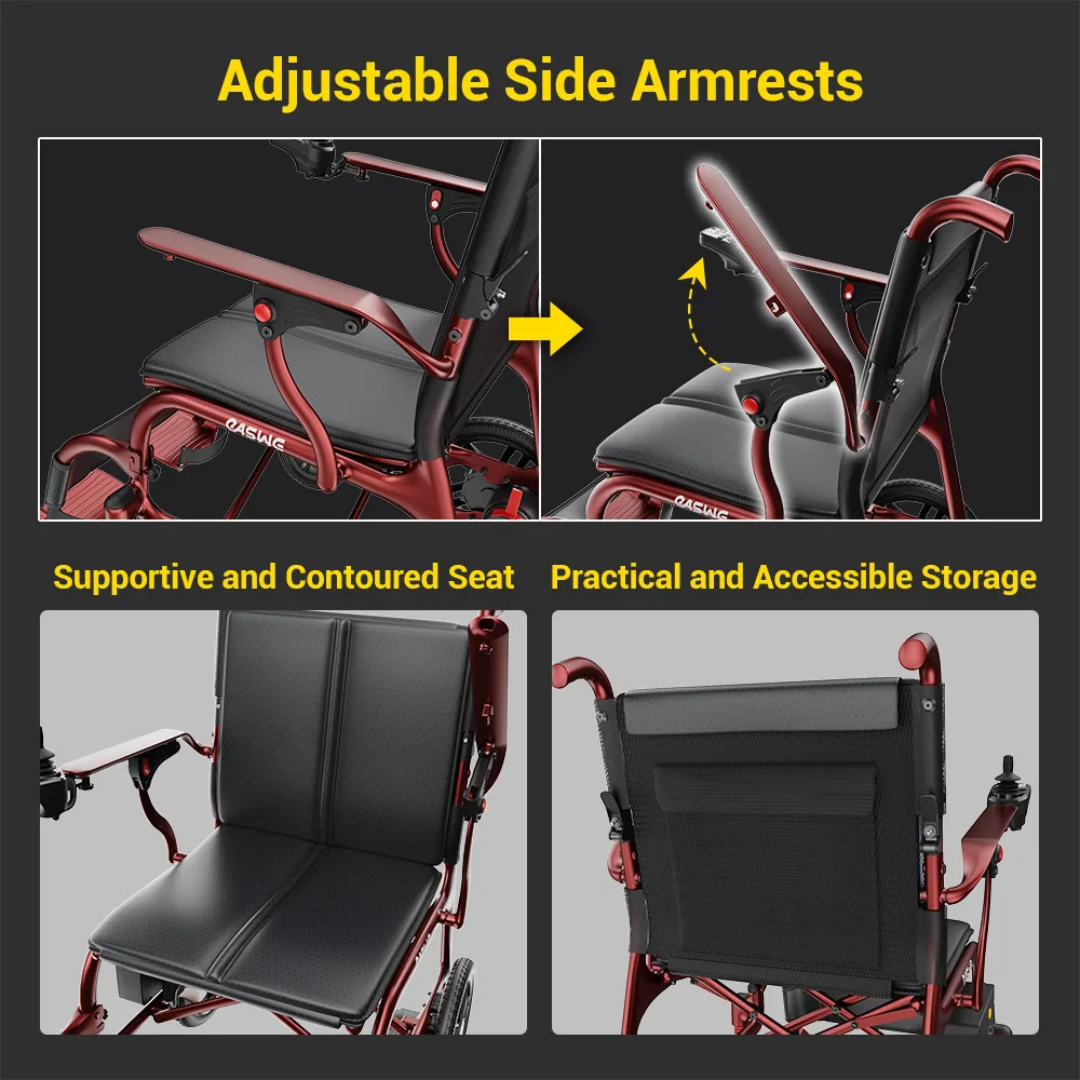 Collage showcases Easwe® C30 – Ultra Lightweight Carbon Fiber Electric Wheelchair, featuring adjustable side armrests, a supportive contoured seat, and rear storage pouch. Text highlights Adjustable Side Armrests and advanced mobility solutions.
