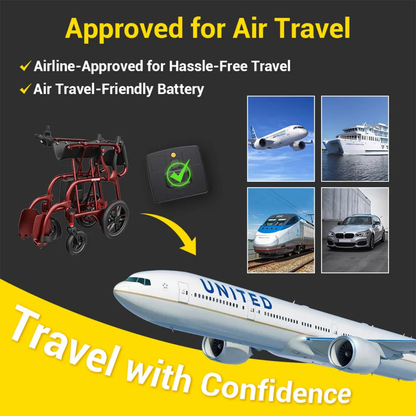 Promotional graphic featuring the Easwe® C30 – Ultra Lightweight Carbon Fiber Electric Wheelchair in red, alongside an airplane, ship, train, and car. Text highlights its travel-friendly battery and air travel approval.
