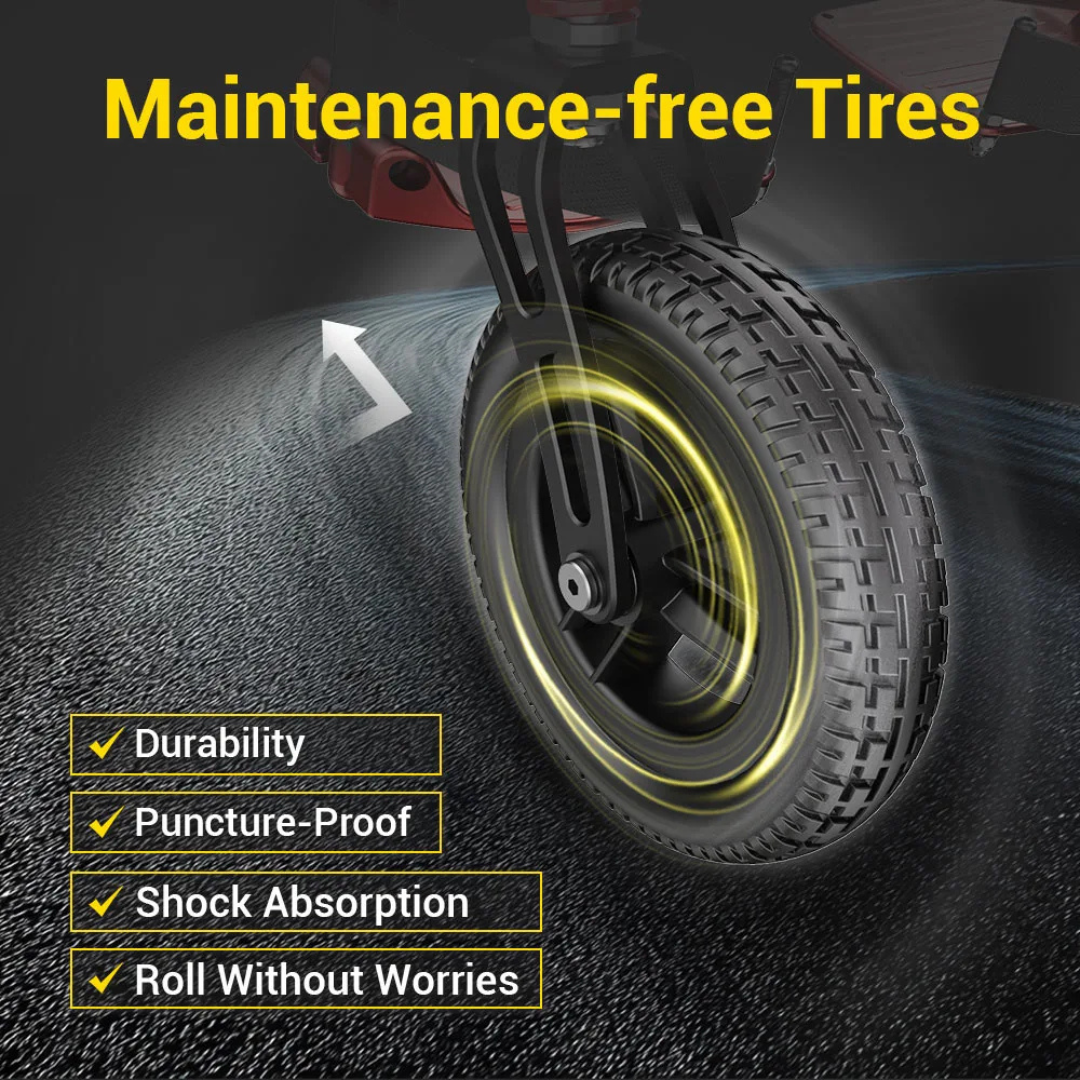A close-up of the Easwe® C30’s maintenance-free tire with glowing yellow accents highlights its durable, puncture-proof, shock-absorbing design—ensuring worry-free rolling for this ultra lightweight carbon fiber electric wheelchair.