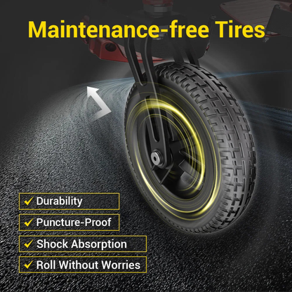 A close-up of the Easwe® C30’s maintenance-free tire with glowing yellow accents highlights its durable, puncture-proof, shock-absorbing design—ensuring worry-free rolling for this ultra lightweight carbon fiber electric wheelchair.