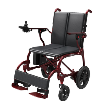The Easwe® C30 – Ultra Lightweight Carbon Fiber Electric Wheelchair features a maroon frame, black padded seat and backrest, armrests, footrests, and a right-side joystick control—perfect for comfortable, independent mobility.