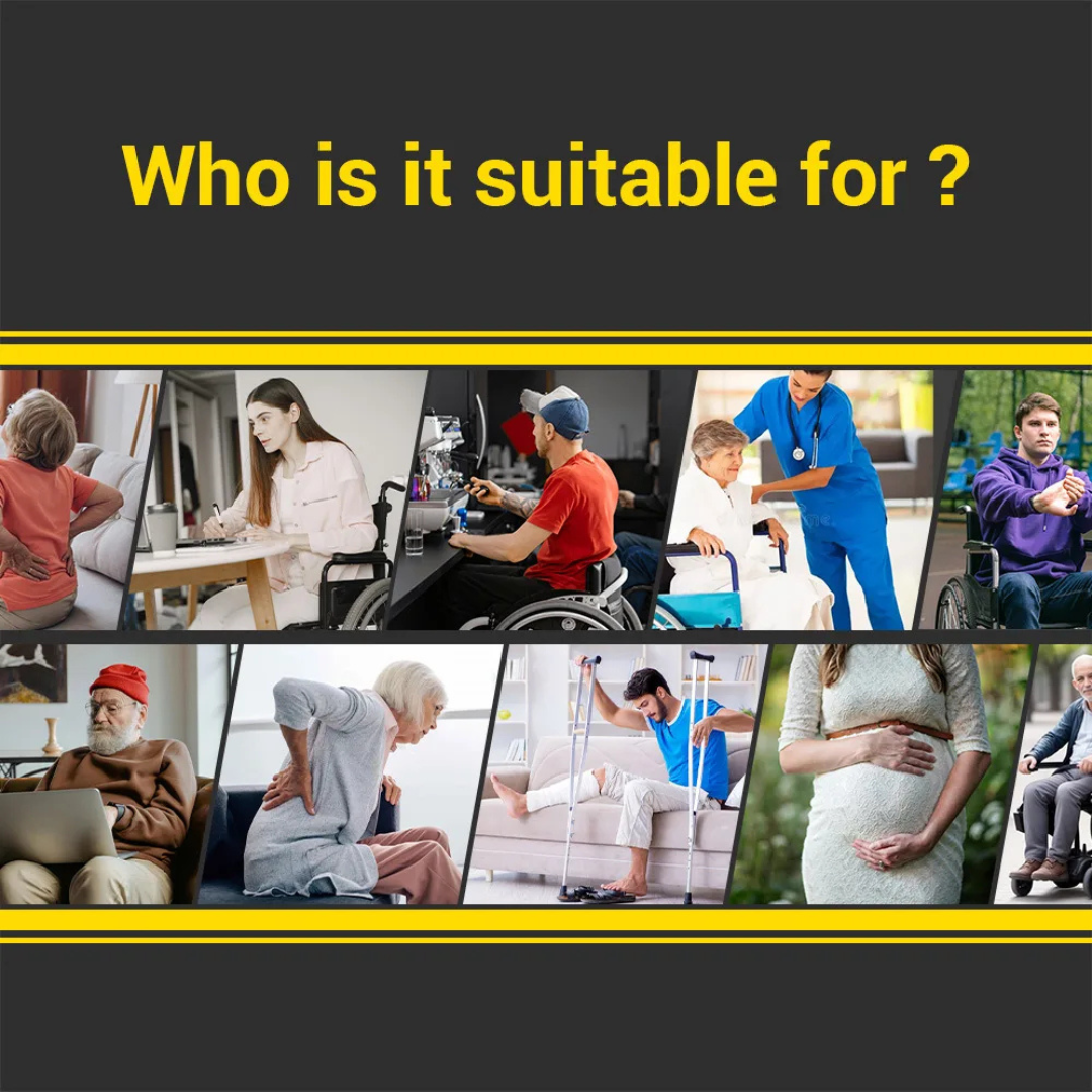 A collage features elderly people, a desk worker, a man using the Easwe® C30 Ultra Lightweight Carbon Fiber Electric Wheelchair, healthcare workers, someone with a walking aid, a pregnant woman, and people with back pain above "Who is it suitable for?.