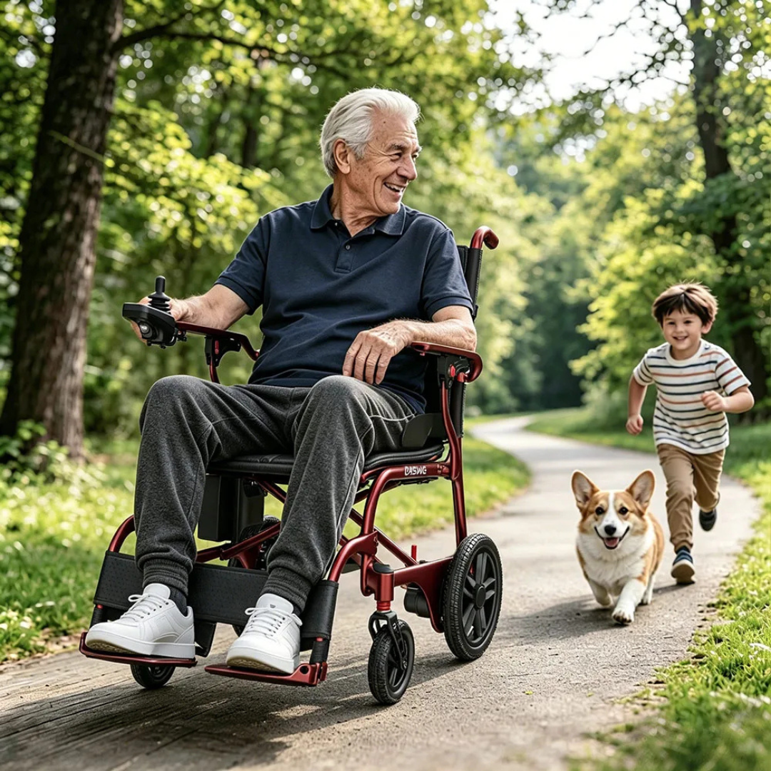 An elderly man in the Easwe® C30 Ultra Lightweight Carbon Fiber Electric Wheelchair smiles, holding a remote, while a young boy and a happy dog run beside him along a tree-lined outdoor path.