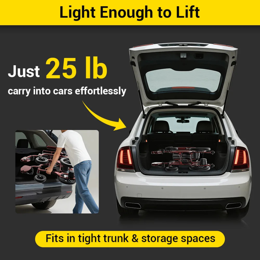 The Easwe® C30 Ultra Lightweight Carbon Fiber Electric Wheelchair fits easily in a car trunk; weighing just 25 lb, it’s easy to lift and store, making it the perfect portable mobility solution for tight spaces.
