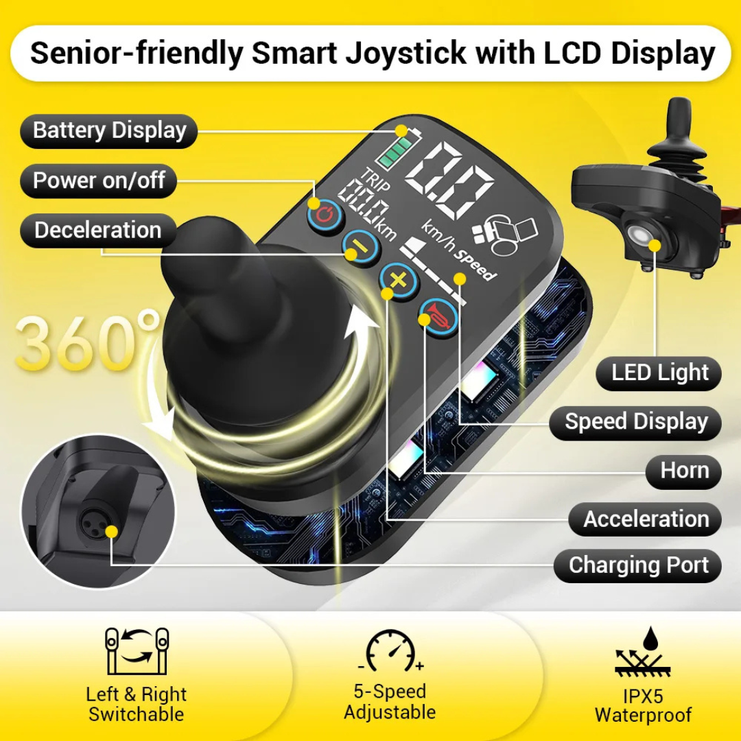 The Easwe® C30 Ultra Lightweight Carbon Fiber Electric Wheelchair features a smart joystick with LCD display, showing speed, battery, and mode. It boasts 360° rotation, LED light, horn, charging port, power button, and IPX5 waterproof rating.