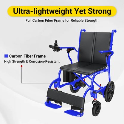 The Easwe® C30 – Ultra Lightweight Carbon Fiber Electric Wheelchair features a blue carbon fiber frame, black cushioned seat and backrest, footrests, and joystick control for strong, corrosion-resistant mobility.