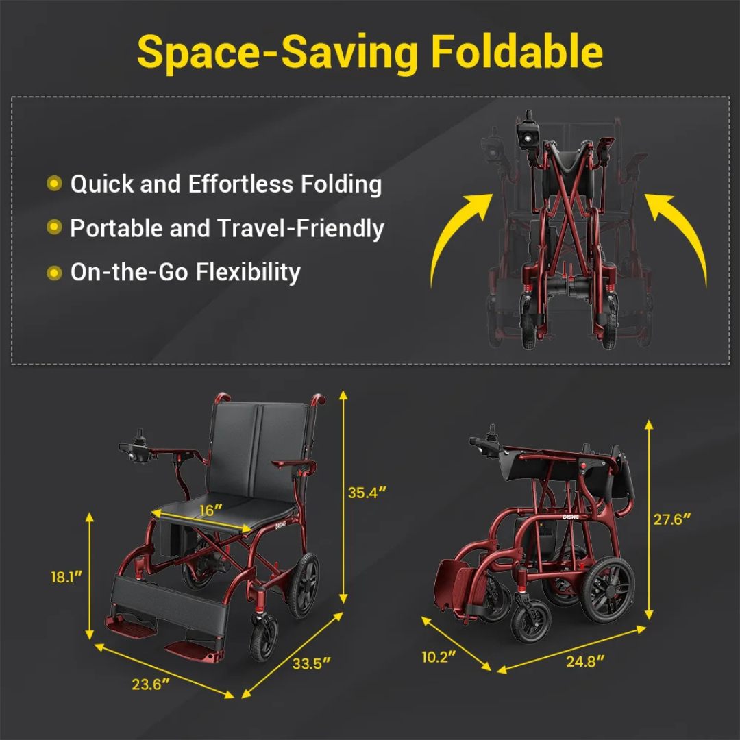 The Easwe® C30 – Ultra Lightweight Carbon Fiber Electric Wheelchair, shown in vibrant red, appears in both folded and unfolded views. Text highlights its quick folding, portability, flexibility, and labeled dimensions as a smart mobility solution.